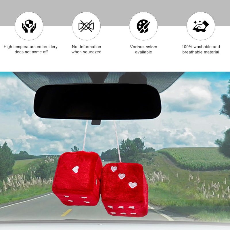 ZNDAW 2 PCS Fuzzy Plush Dice for Car Mirror, 2.75" Retro Square Heart Shape Car Rearview Mirror Cute Decor, Fluffy Dice Vehicle Hanging Ornament Decoration Interior for Women (Red) - Image 4